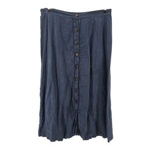 Kiko Skirt Womens L Blue Linen Button Front Midi Elastic Back Coastal Lagenlook